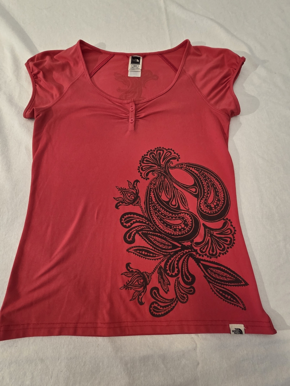 The North Face Women's Red Short-Sleeve Tee with Black Paisley Graphic